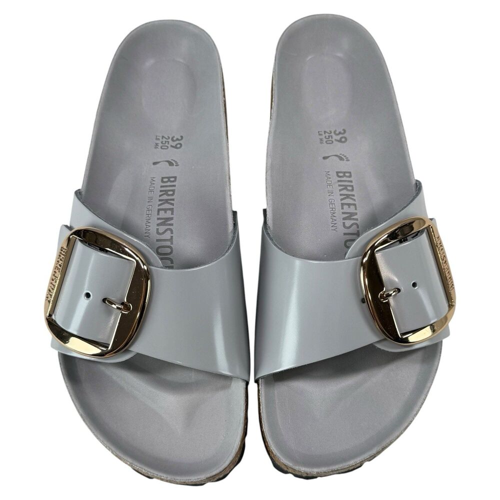 Birkenstock Madrid Big Buckle High Shine Patent Leather Slides Stone Coin EU 39